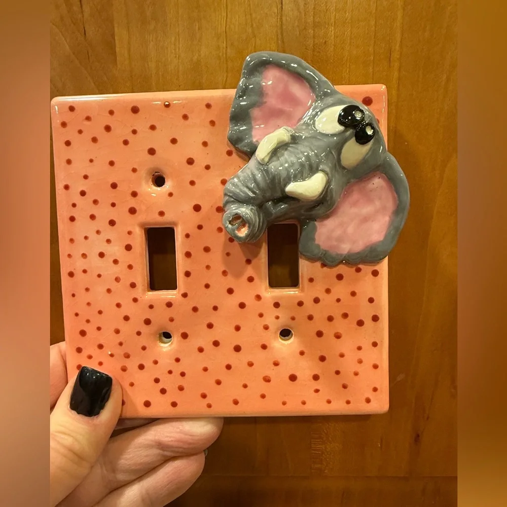 Elephant Ceramic Light Switch Cover - Pink and Gray Dual Double Switch